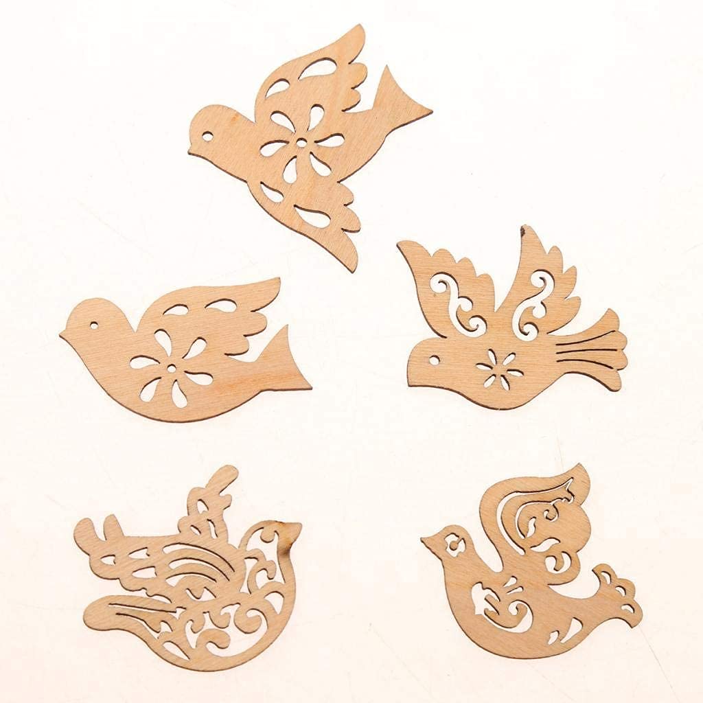 Set of five wooden dove-shaped cutouts on a white background