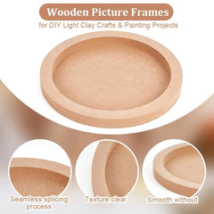 Wooden picture frame for DIY light clay crafts and painting projects with text on a beige background.