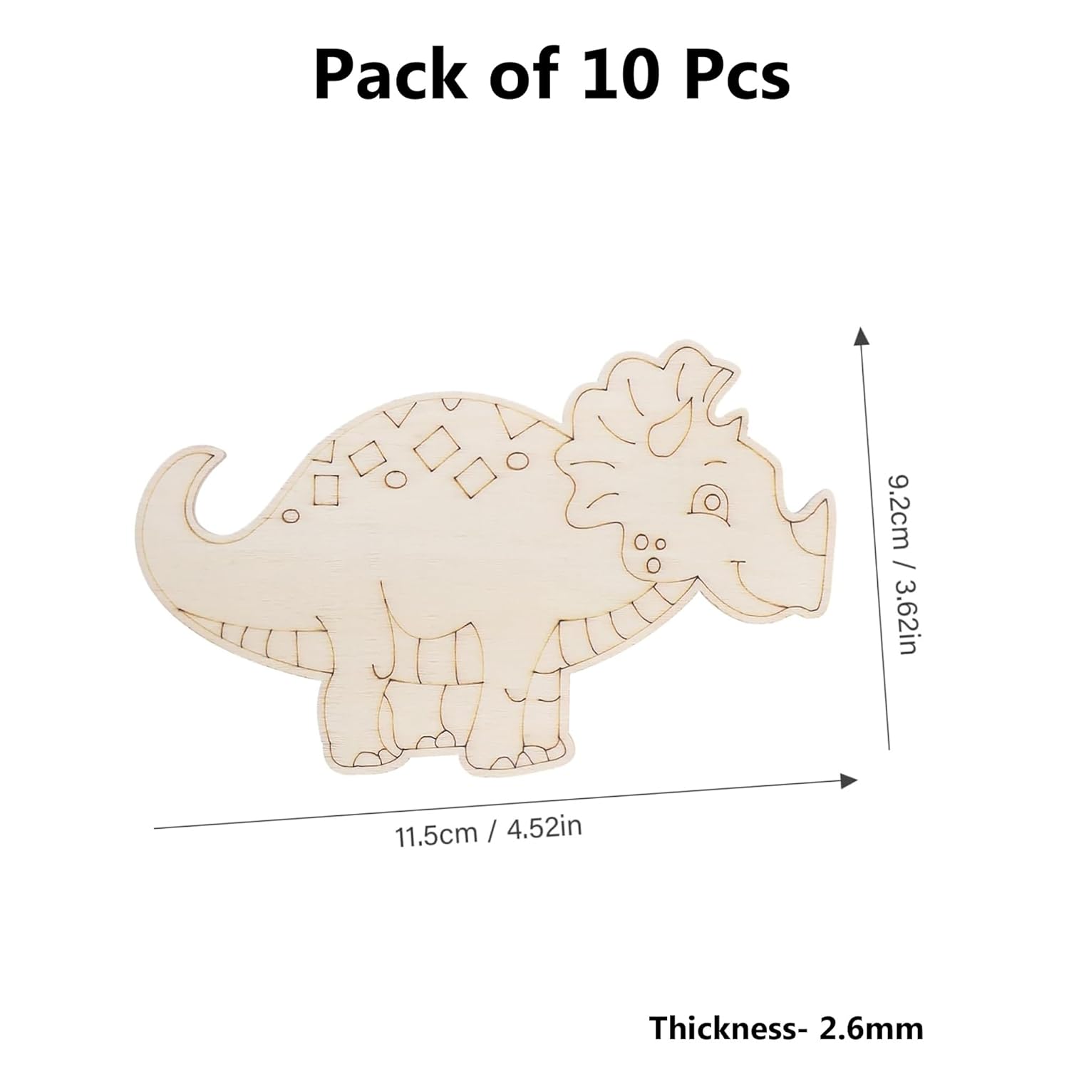 Wooden dinosaur cutout with measurements on a white background