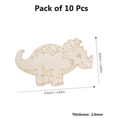 Wooden dinosaur cutout with measurements on a white background