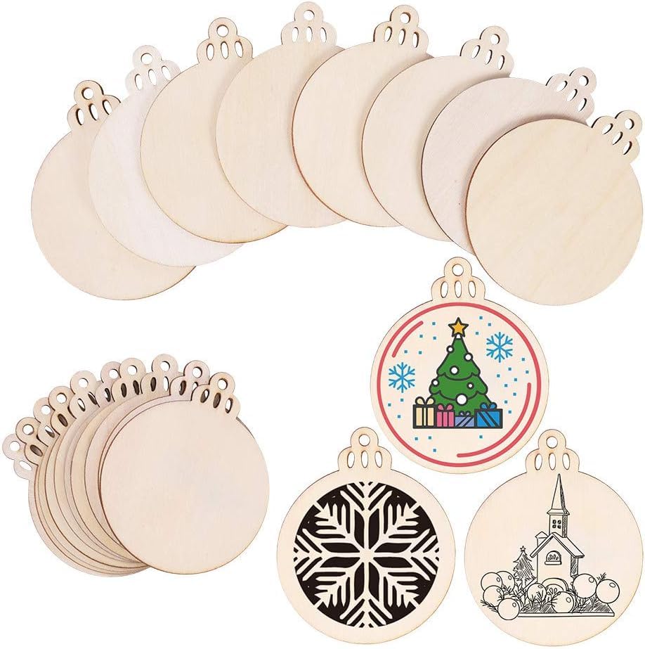 American Elm 24 Pcs Wooden Christmas Ornaments Circles with Holes DIY Craft Discs for Holiday Decor