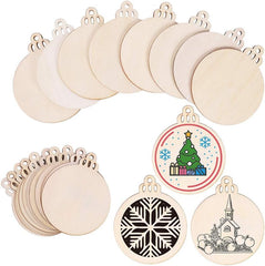 American Elm 24 Pcs Wooden Christmas Ornaments Circles with Holes DIY Craft Discs for Holiday Decor