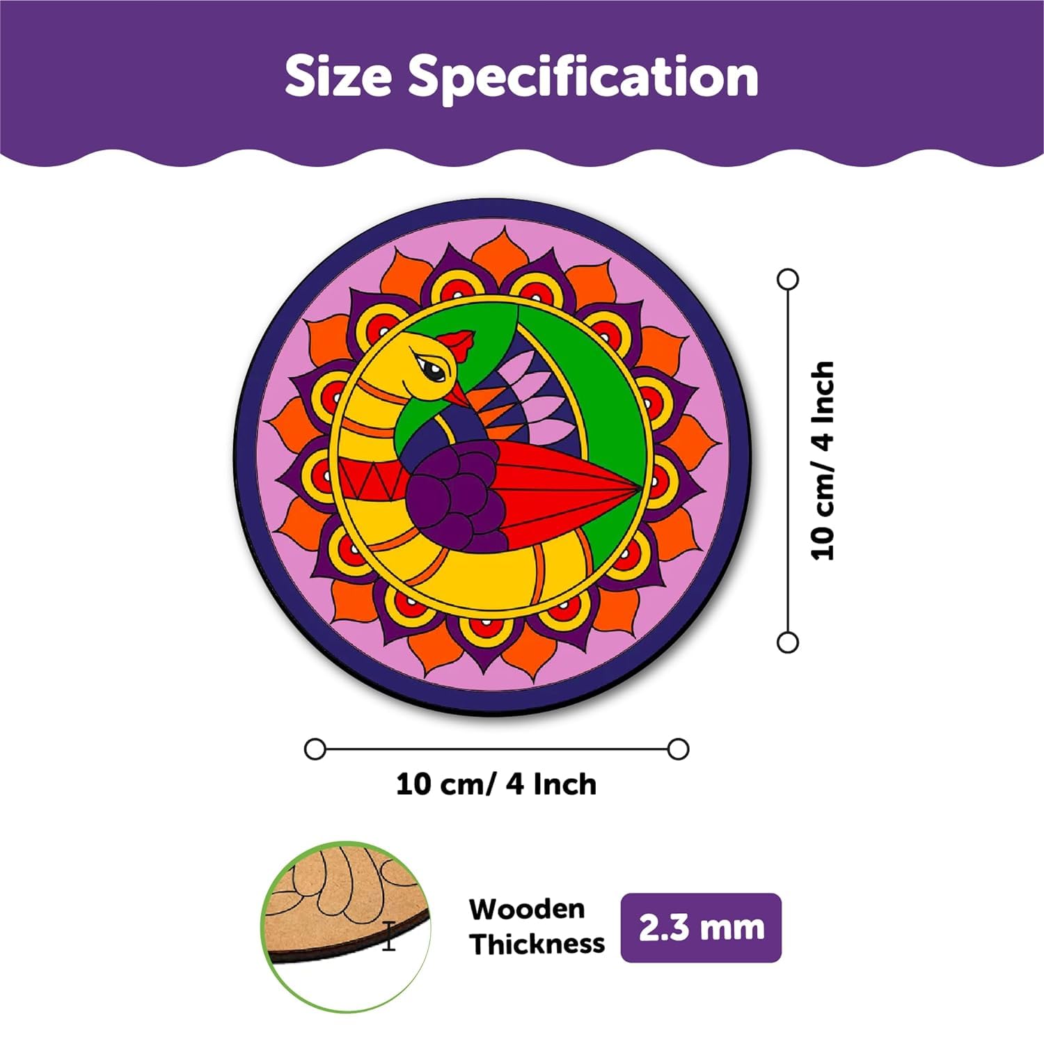 Colorful circular wooden coaster with size specifications on a white background
