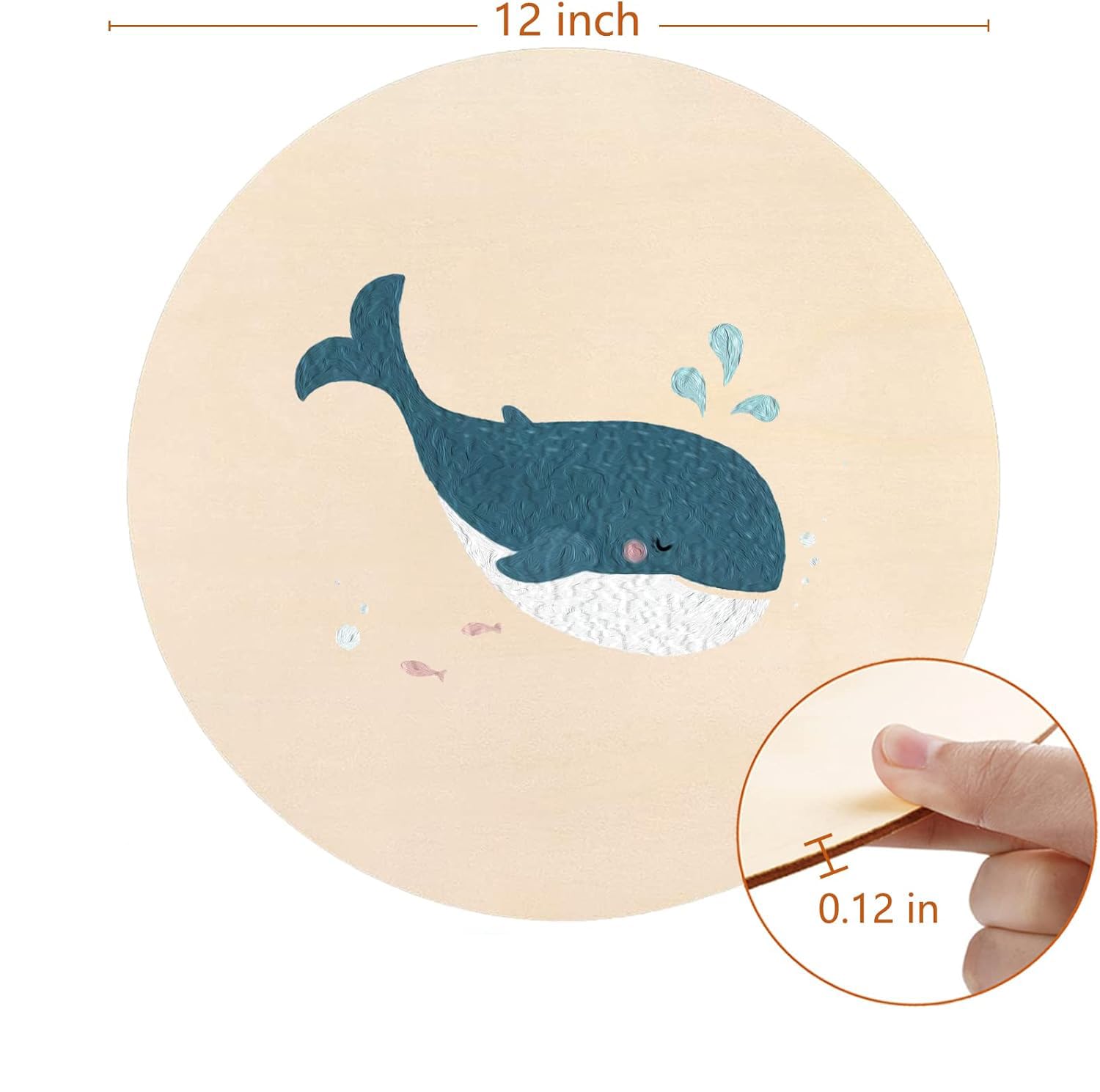 Round beige mat with a whale illustration, size indicated as 12 inches.