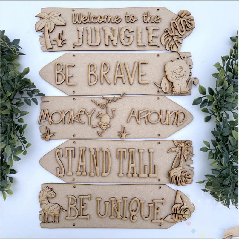 Set of wooden signs with motivational phrases and jungle-themed graphics on a white background.