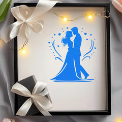 Framed artwork with blue silhouette of a couple and decorative lights on a gray background