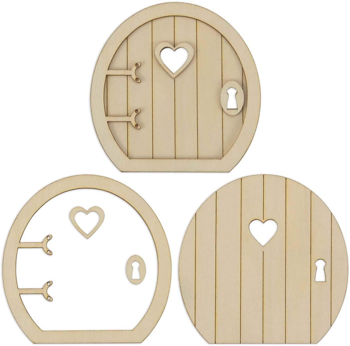 Three wooden fairy doors with heart and keyhole designs on a white background