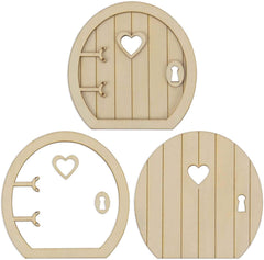 Three wooden fairy doors with heart and keyhole designs on a white background