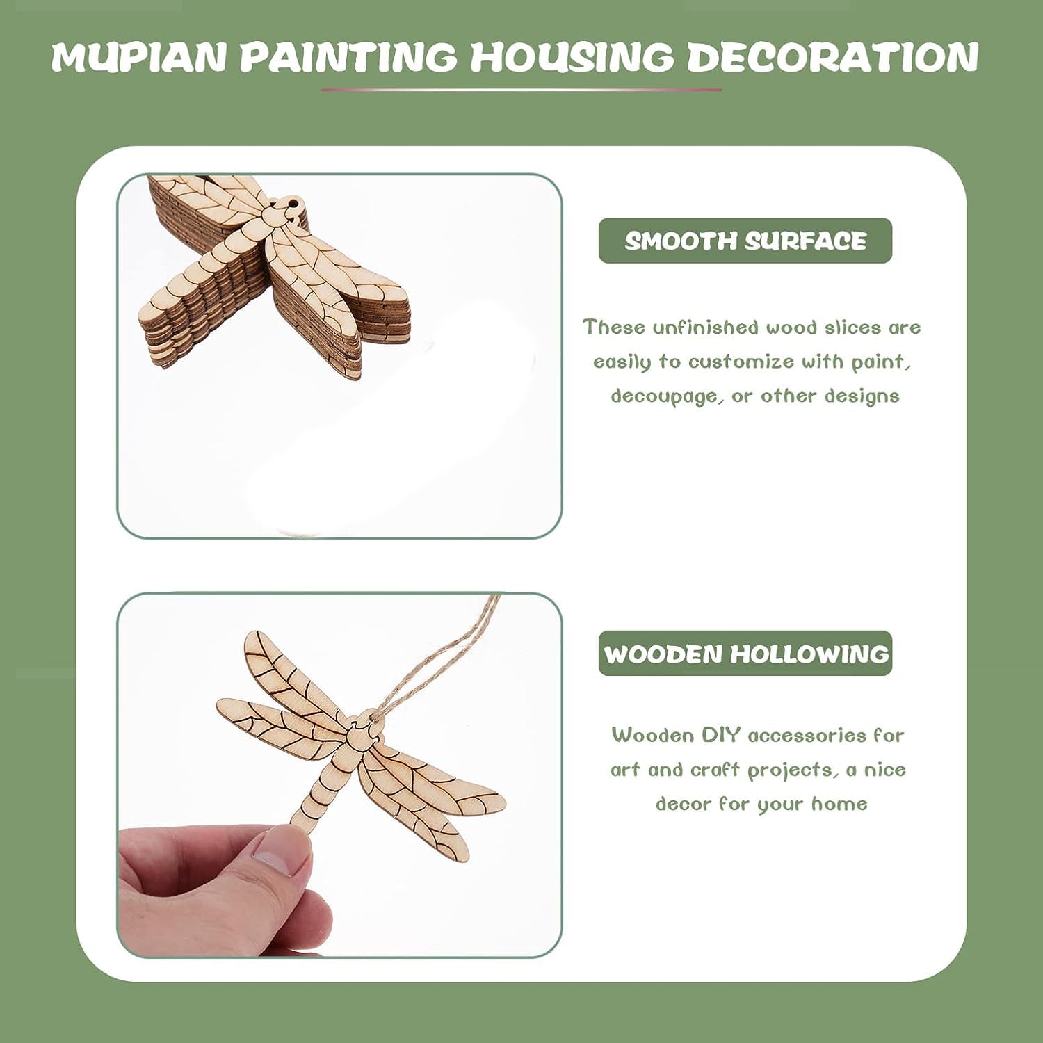 Wooden dragonfly decoration with text on a green background