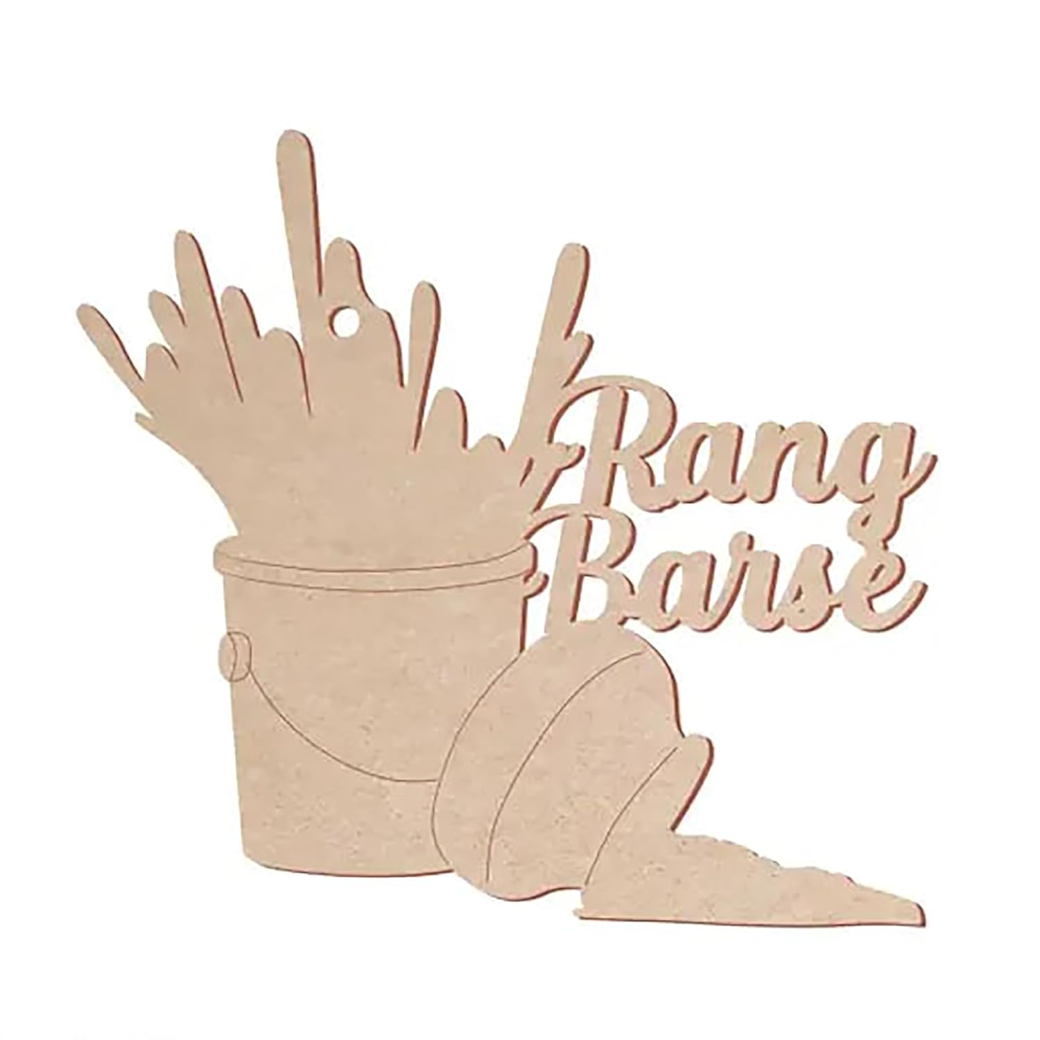 Wooden cutout of a shoe with fries and 'Rang Barse' text on a white background