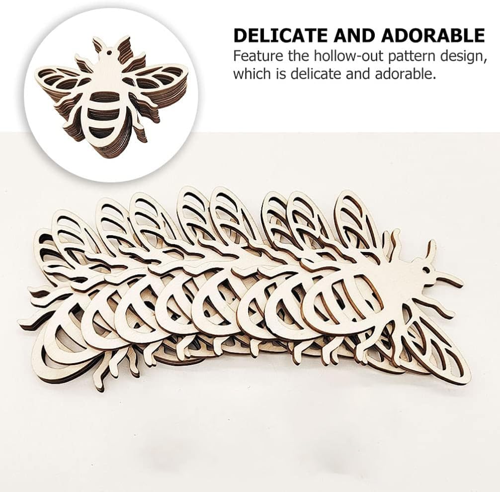 Wooden bee-shaped cutouts with a close-up inset on a white background