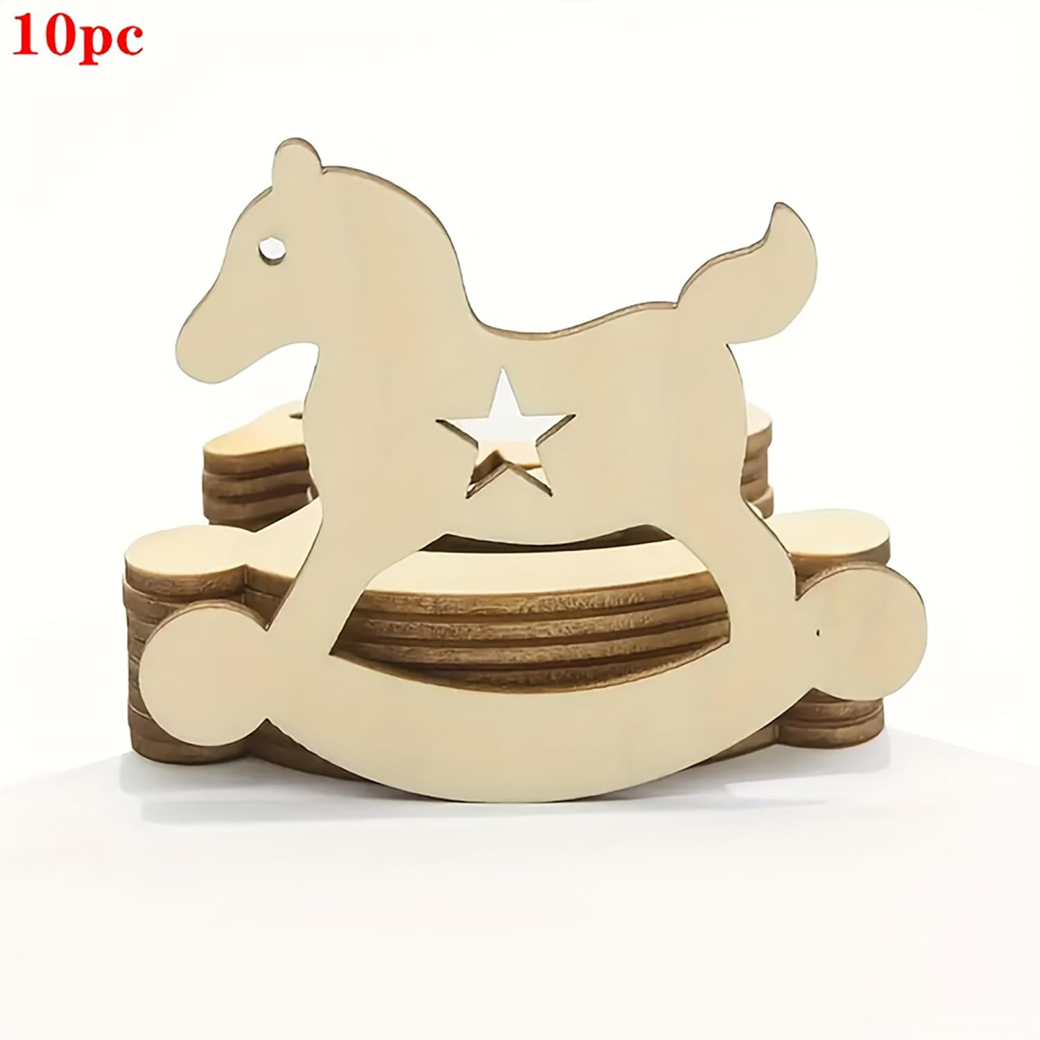 Set of 10 wooden rocking horse toys on a white background