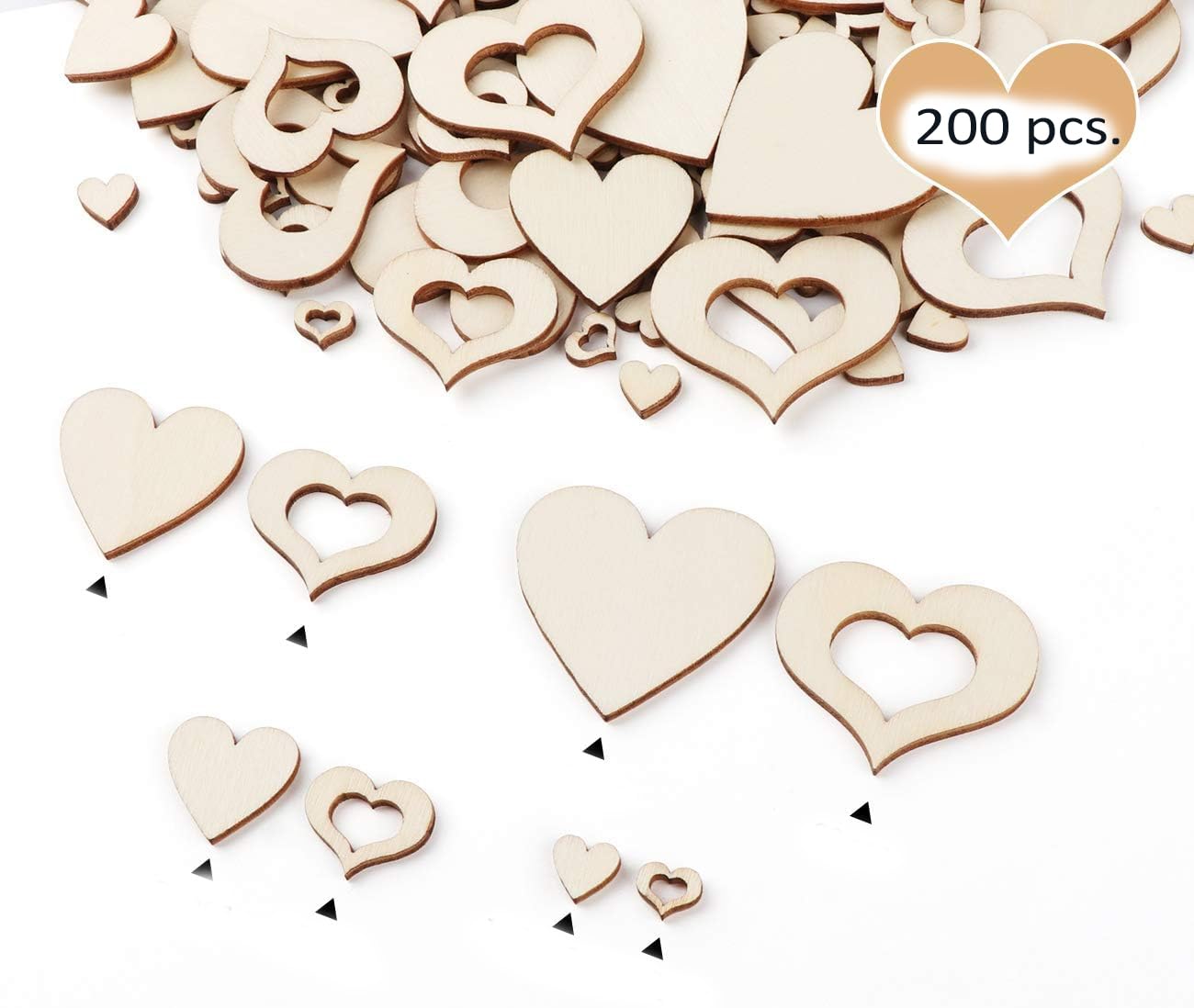 200 wooden heart-shaped pieces on a white background
