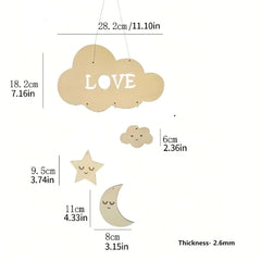 Measurement chart of cloud-shaped decorative item with 'LOVE' text, star, and moon on a white background.