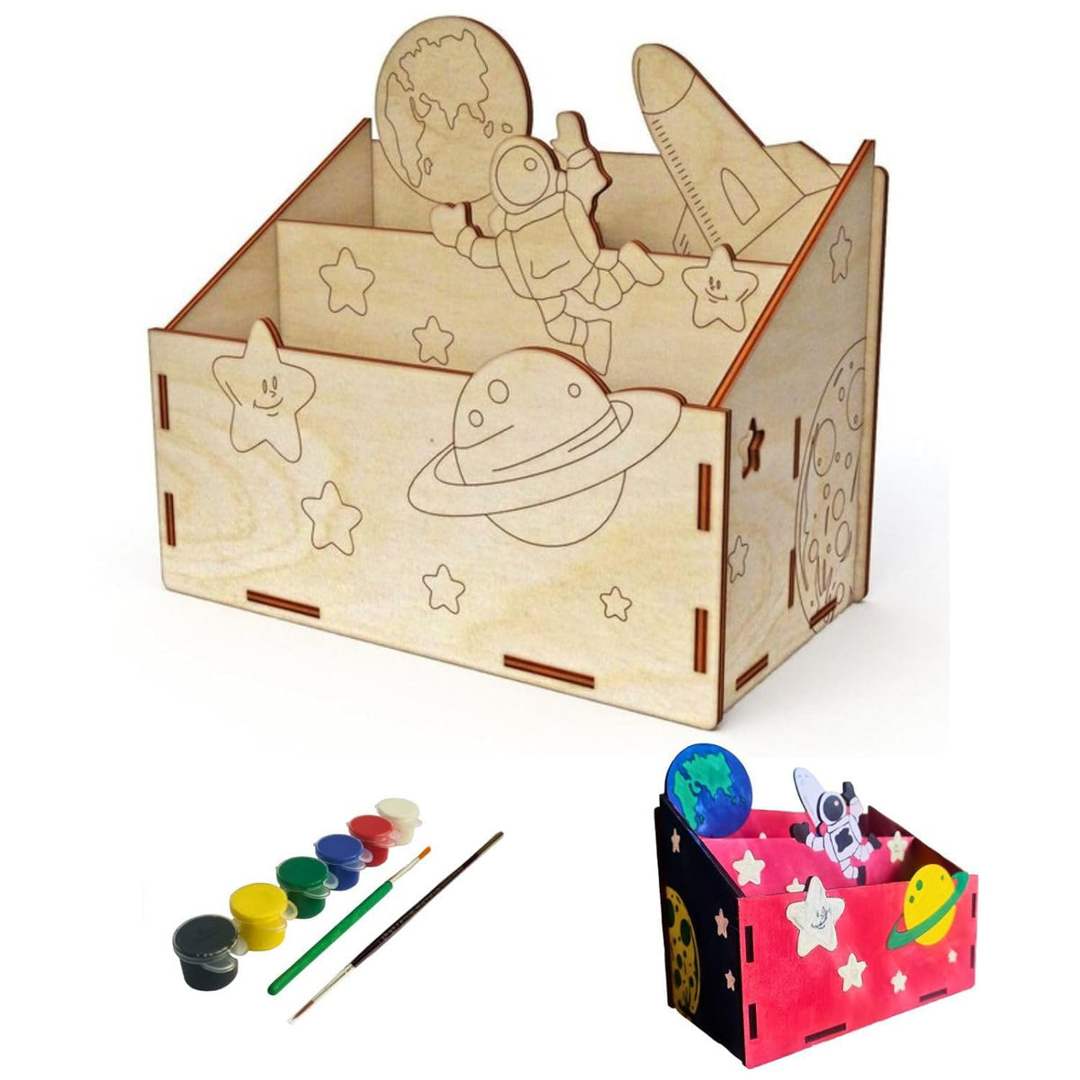 Wooden toy box with space-themed design, paint set, and finished painted version on a white background