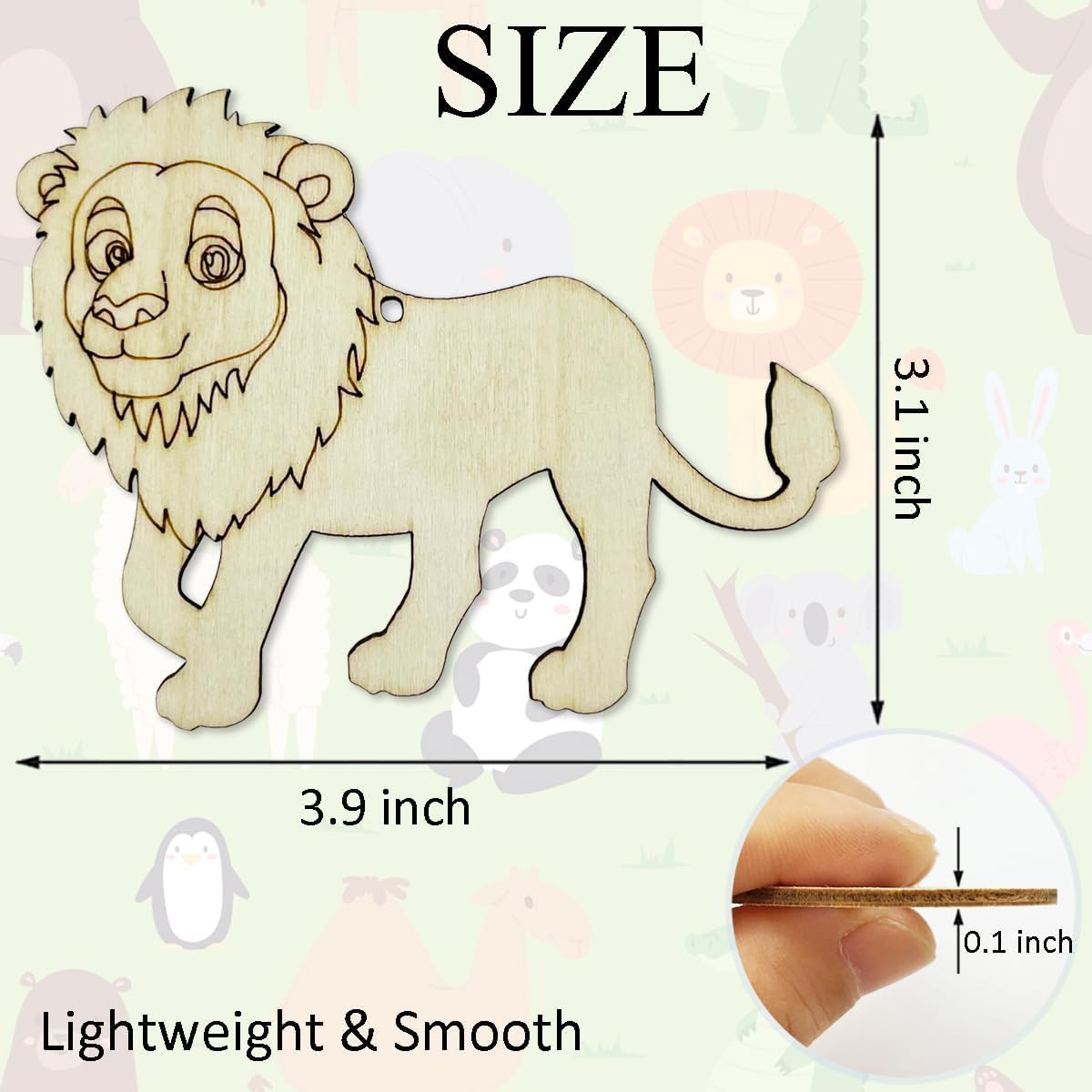 Wooden lion ornament with measurements and a hand holding it for scale.
