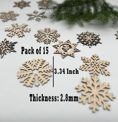Pack of 15 wooden snowflake decorations with measurements on a white background.