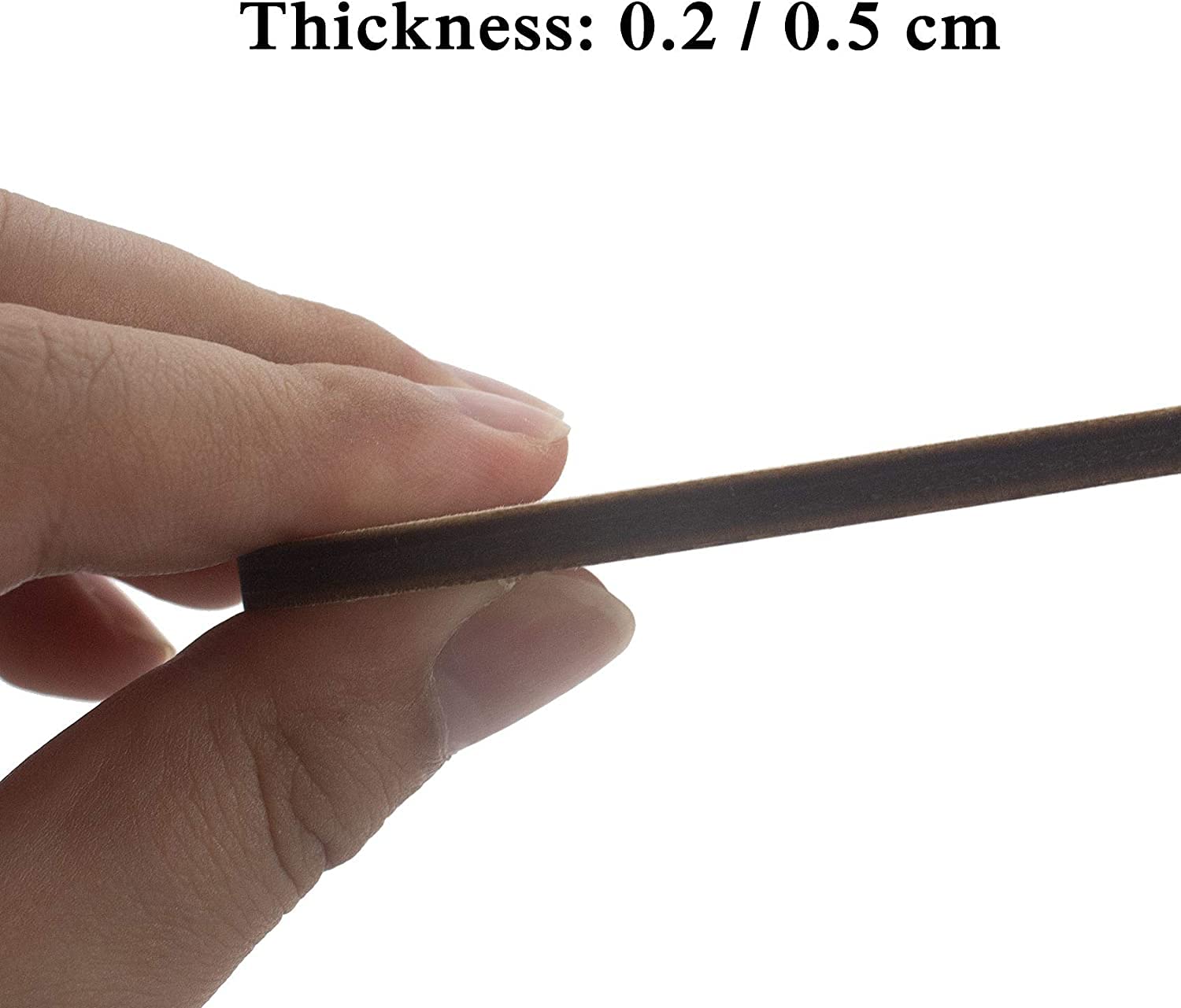 Hand holding a thin rod with thickness measurement text on a white background