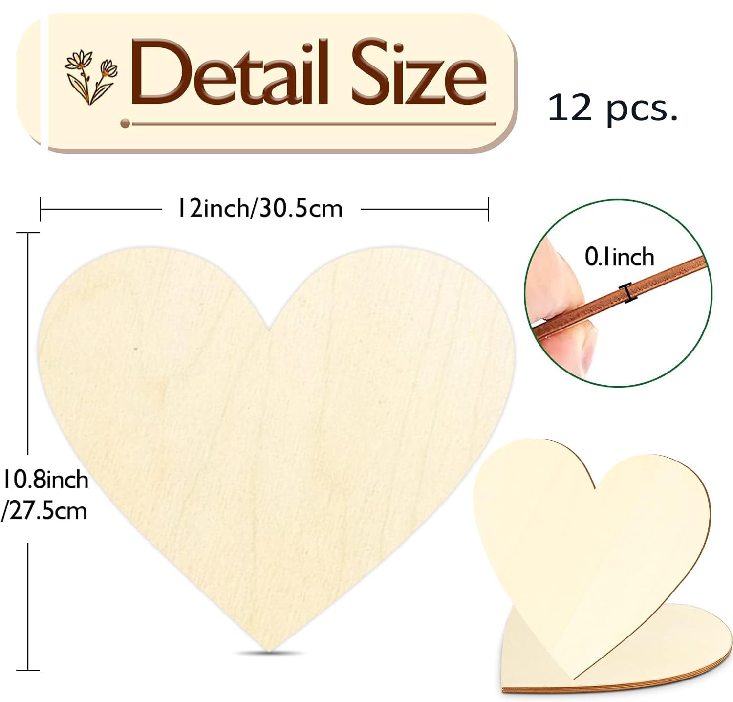 Wooden heart shapes with measurements and detail size label