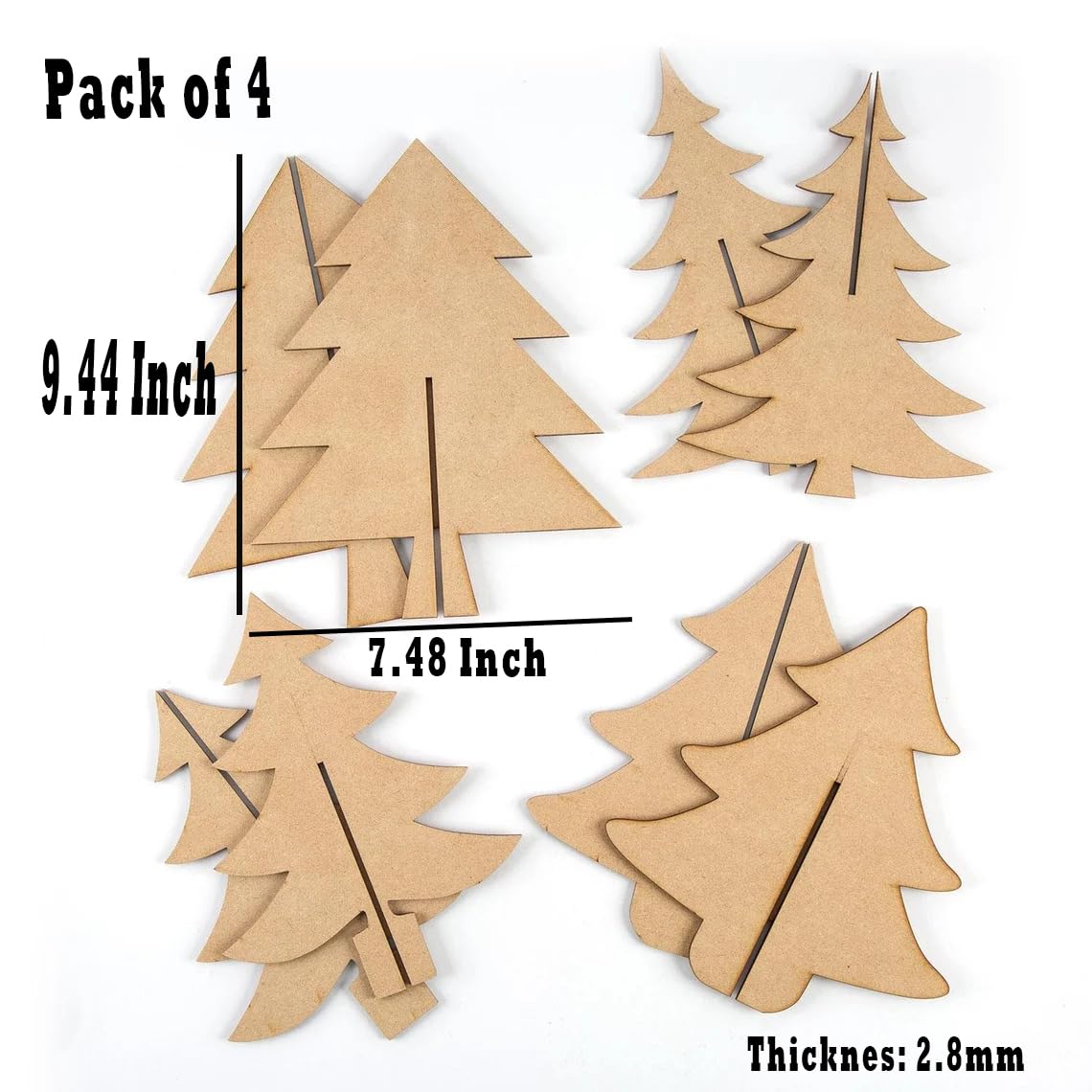 Pack of 4 cardboard trees with measurements on a white background