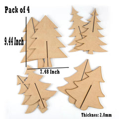 Pack of 4 cardboard trees with measurements on a white background