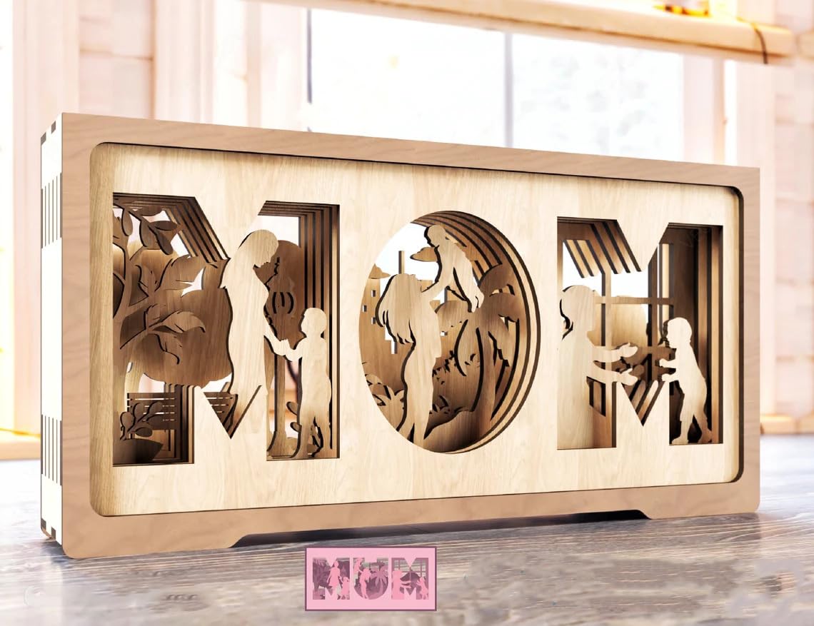 Wooden decorative box with cut-out designs of people and nature on a wooden surface.