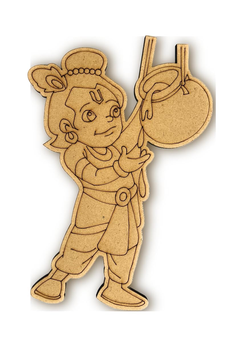 Wooden cutout of a character holding a bell on a white background