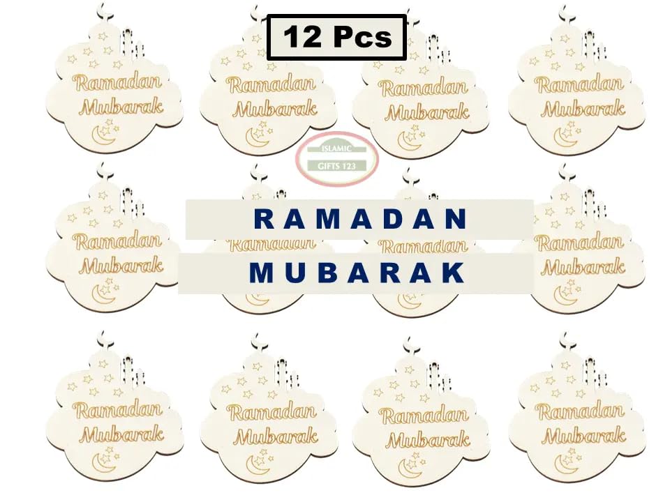 Pack of 12 'Ramadan Mubarak' decorative tags on a white background