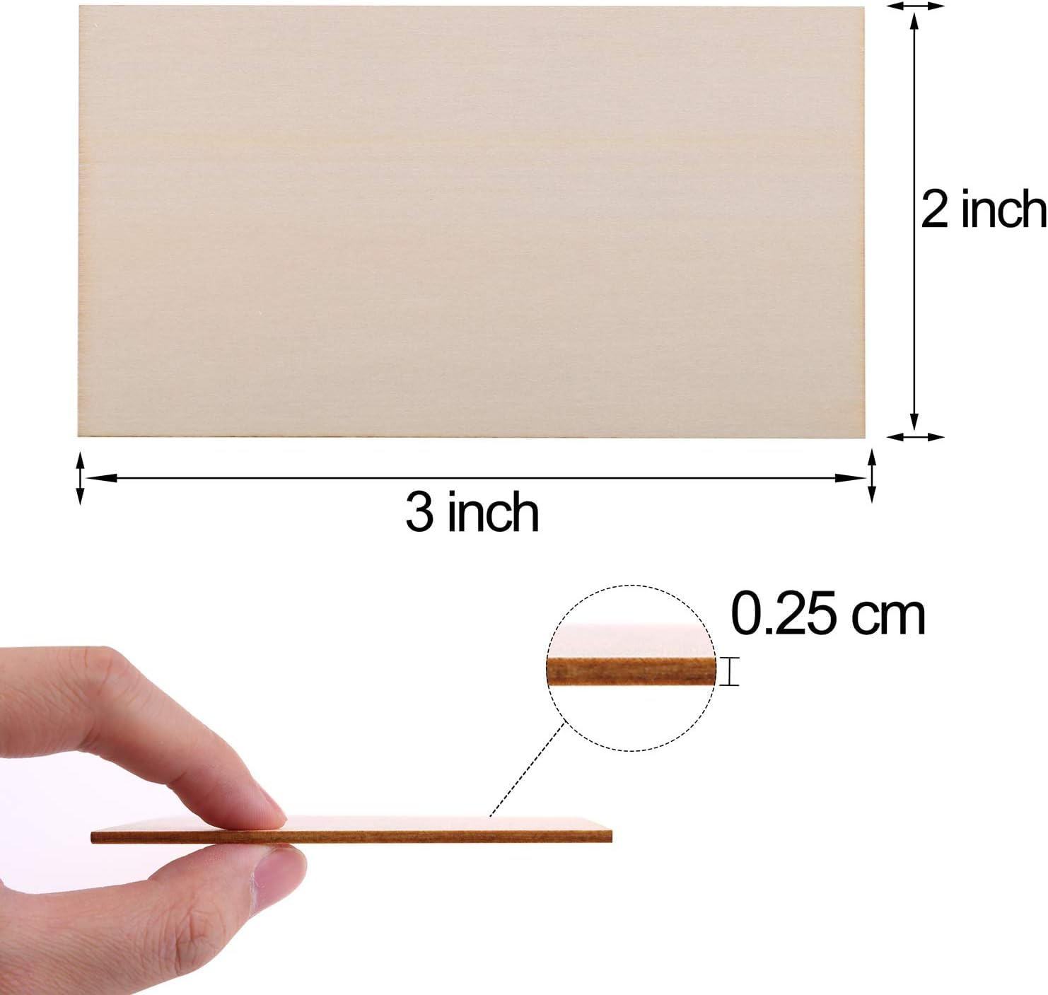 Measurement chart showing a 3-inch by 2-inch rectangular piece of paper with a close-up of a thin strip held between fingers.