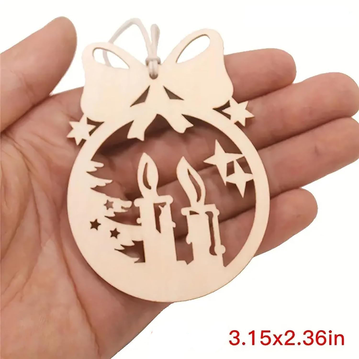Wooden ornament with cut-out design of candles and stars held in a hand.