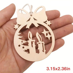 Wooden ornament with cut-out design of candles and stars held in a hand.