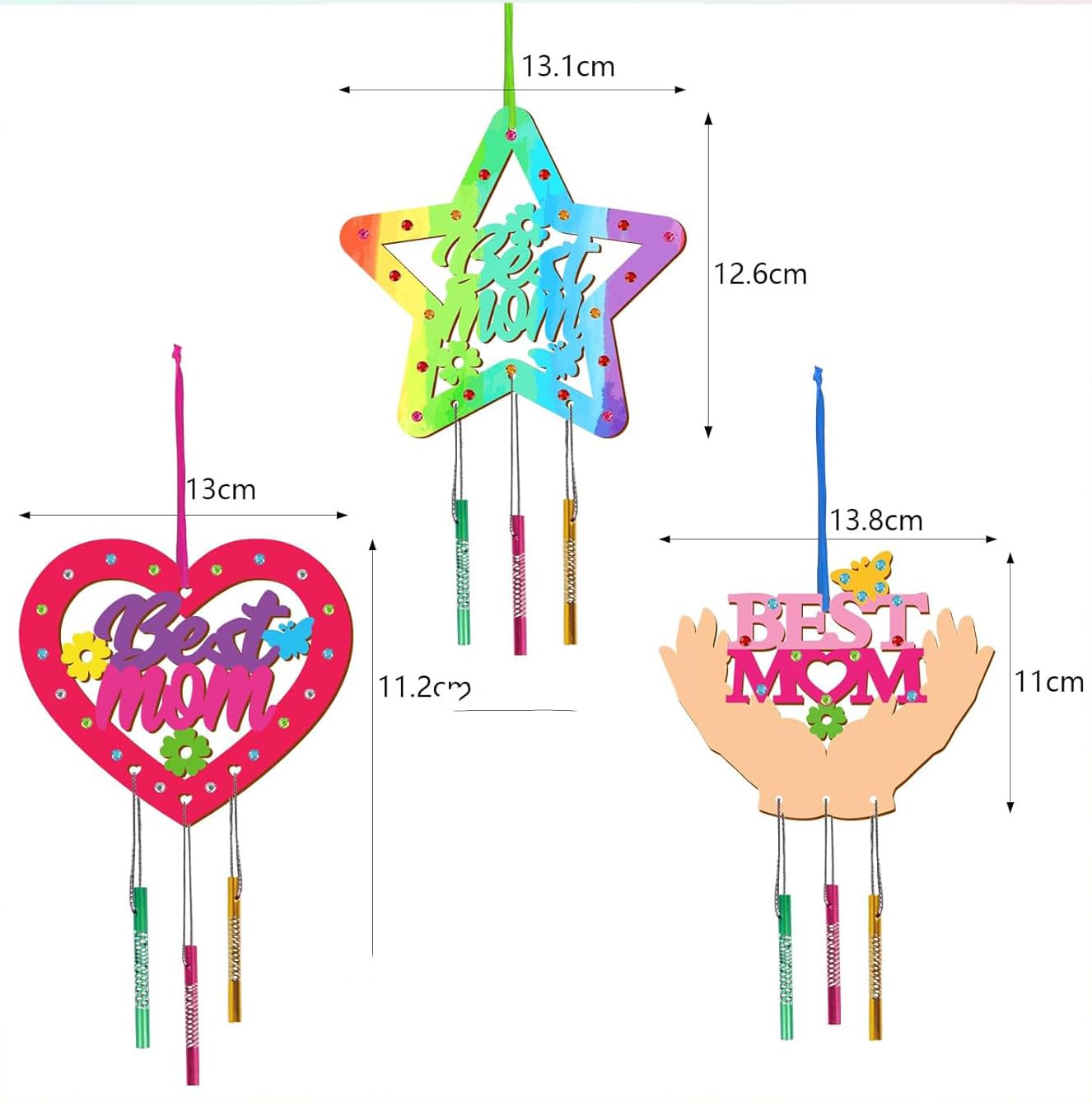 Decorative sticks with 'Best Mom' text and measurements on a white background