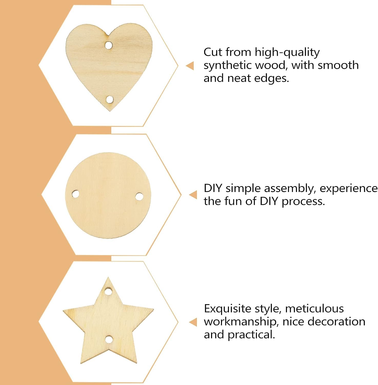 Wooden heart, circle, and star shapes with text on a beige background