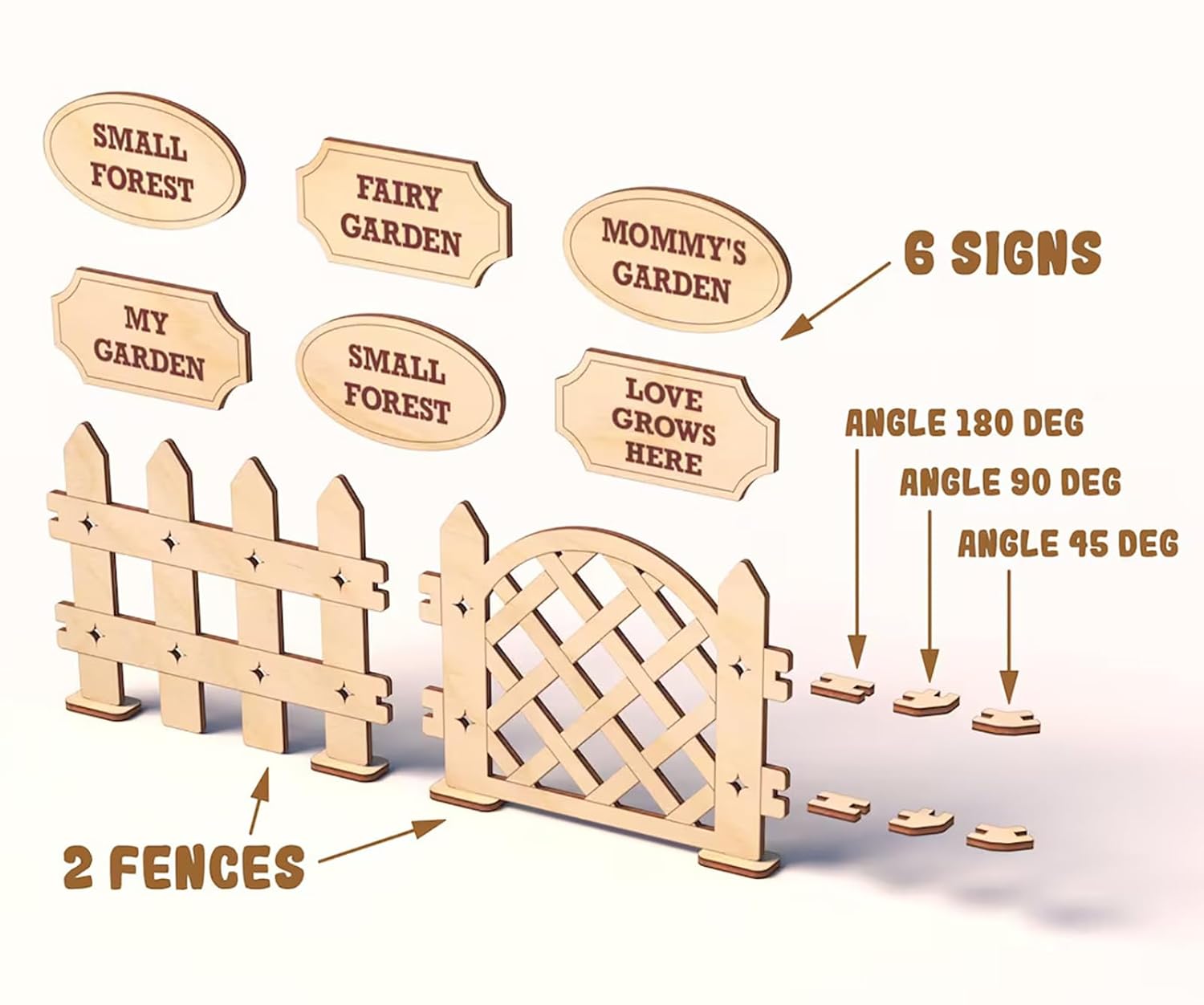 Wooden garden accessories including fences and signs on a white background