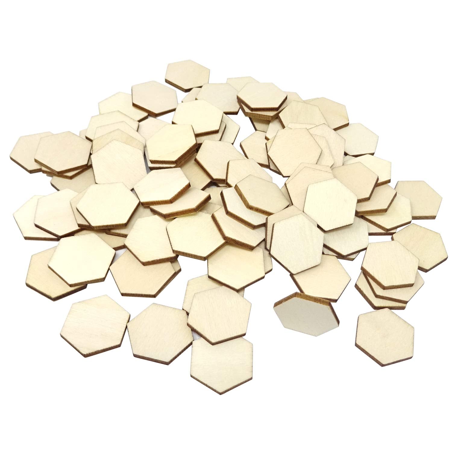 Hexagonal wooden shapes on a white background