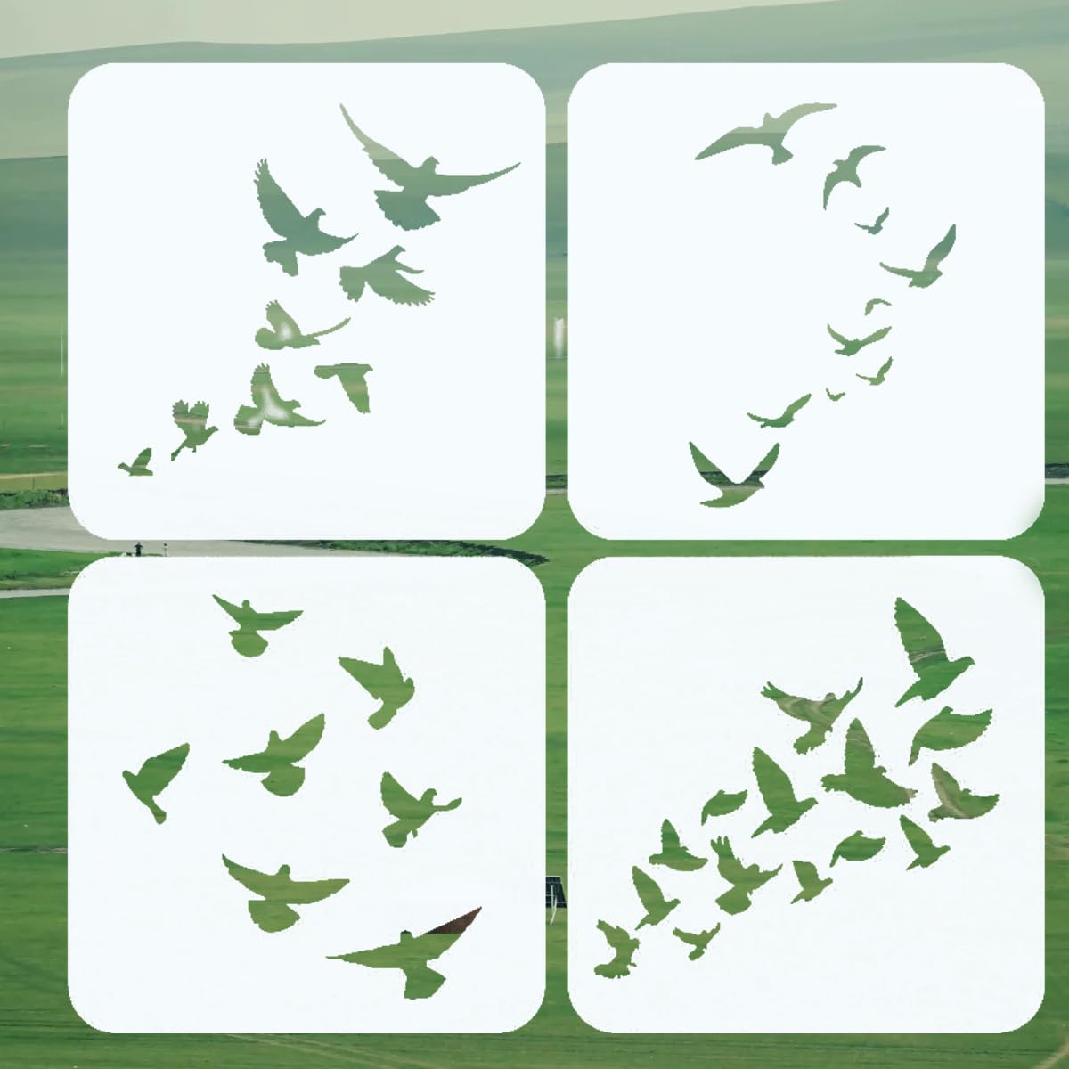 Four white stencils with green bird designs on a green background