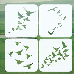 Four white stencils with green bird designs on a green background