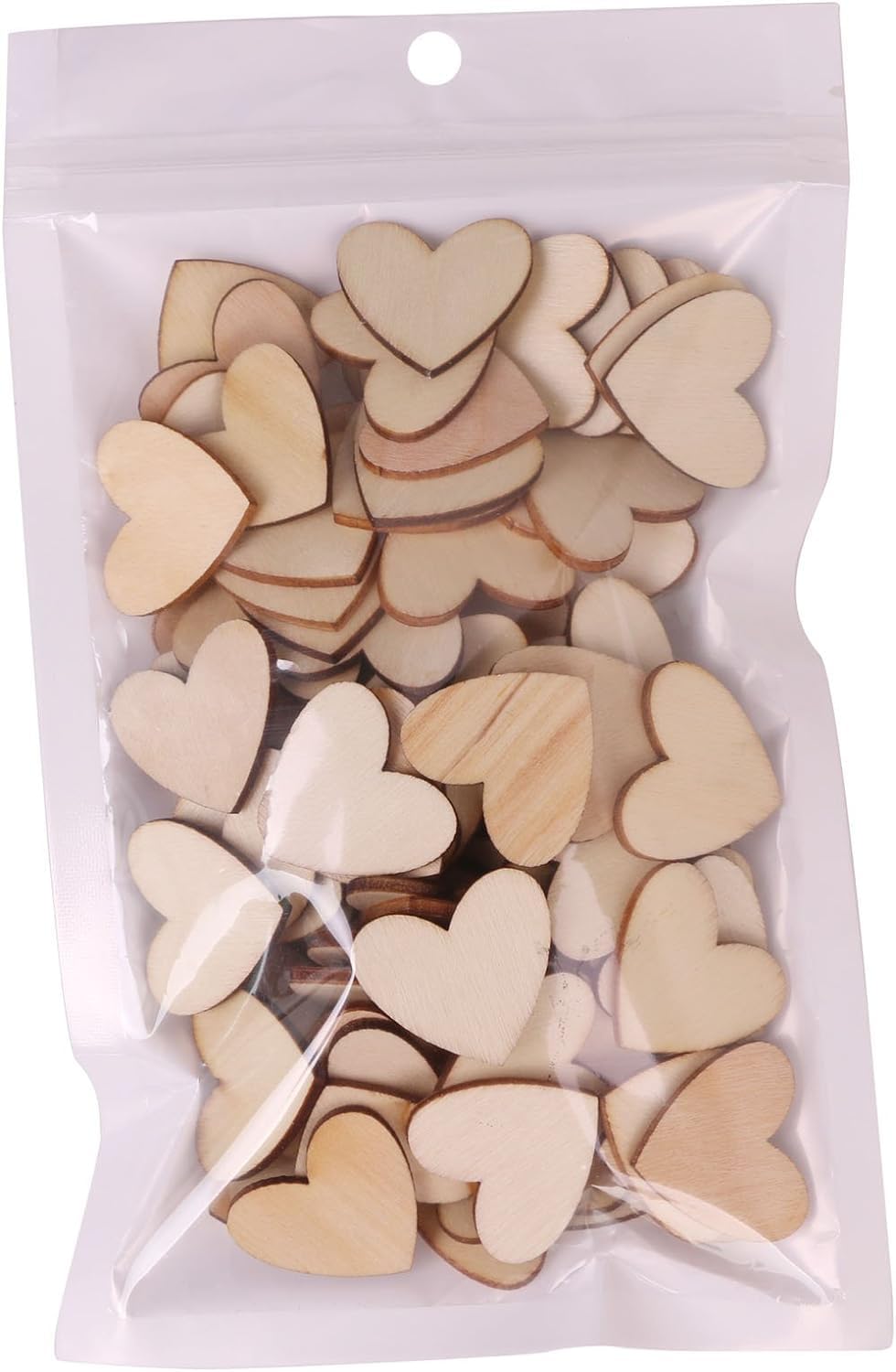 Bag of wooden heart shapes in various sizes and colors.