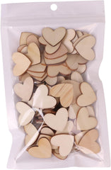 Bag of wooden heart shapes in various sizes and colors.