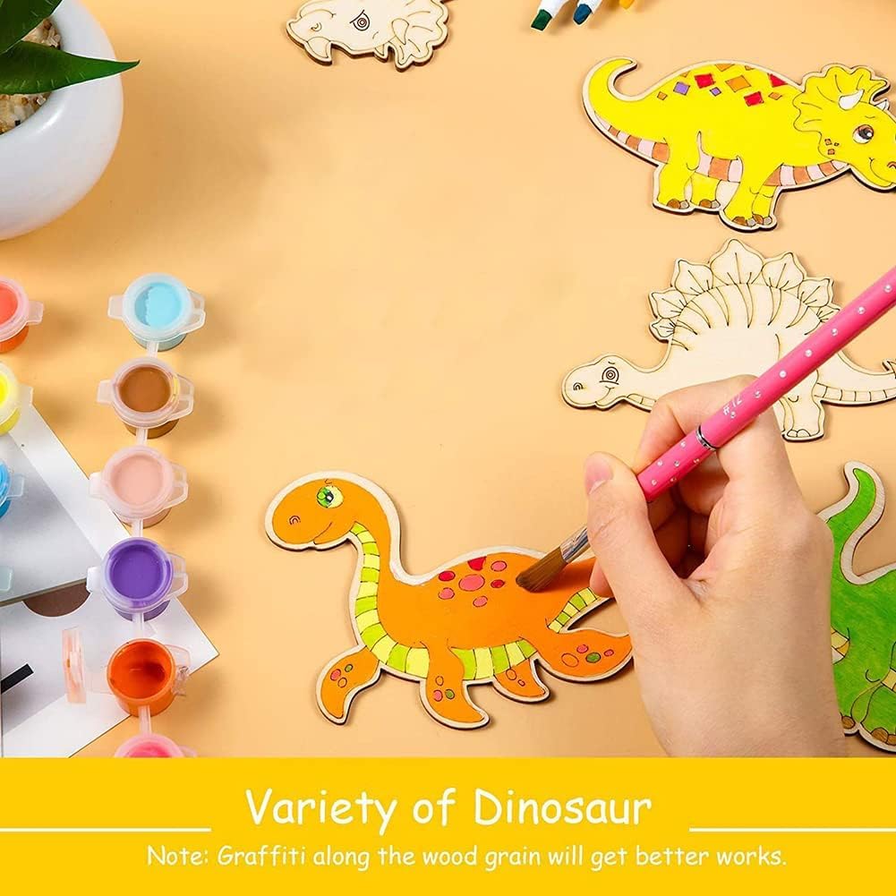 Coloring dinosaur shapes with paint on a yellow background