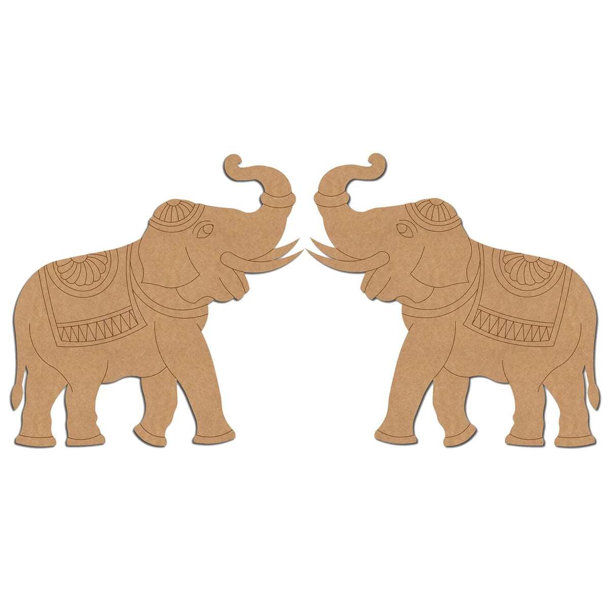 Two decorative cardboard elephants with intricate patterns on a white background