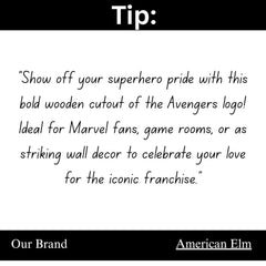 Text tip about a wooden Avengers logo cutout with branding at the bottom.