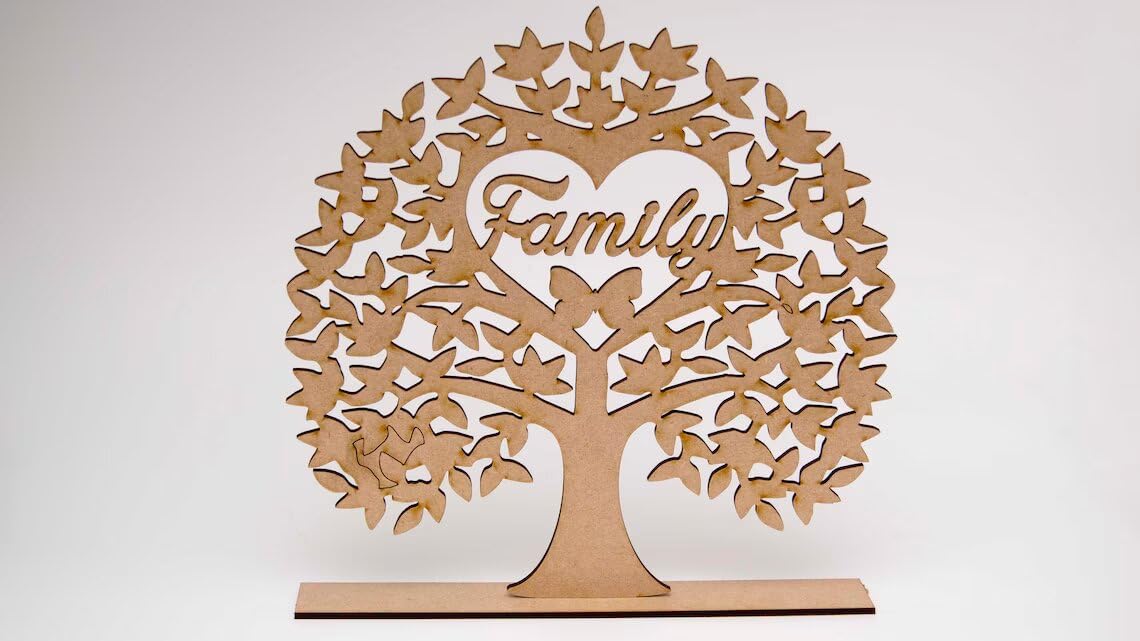 Wooden family tree decoration with 'Family' at the center on a white background