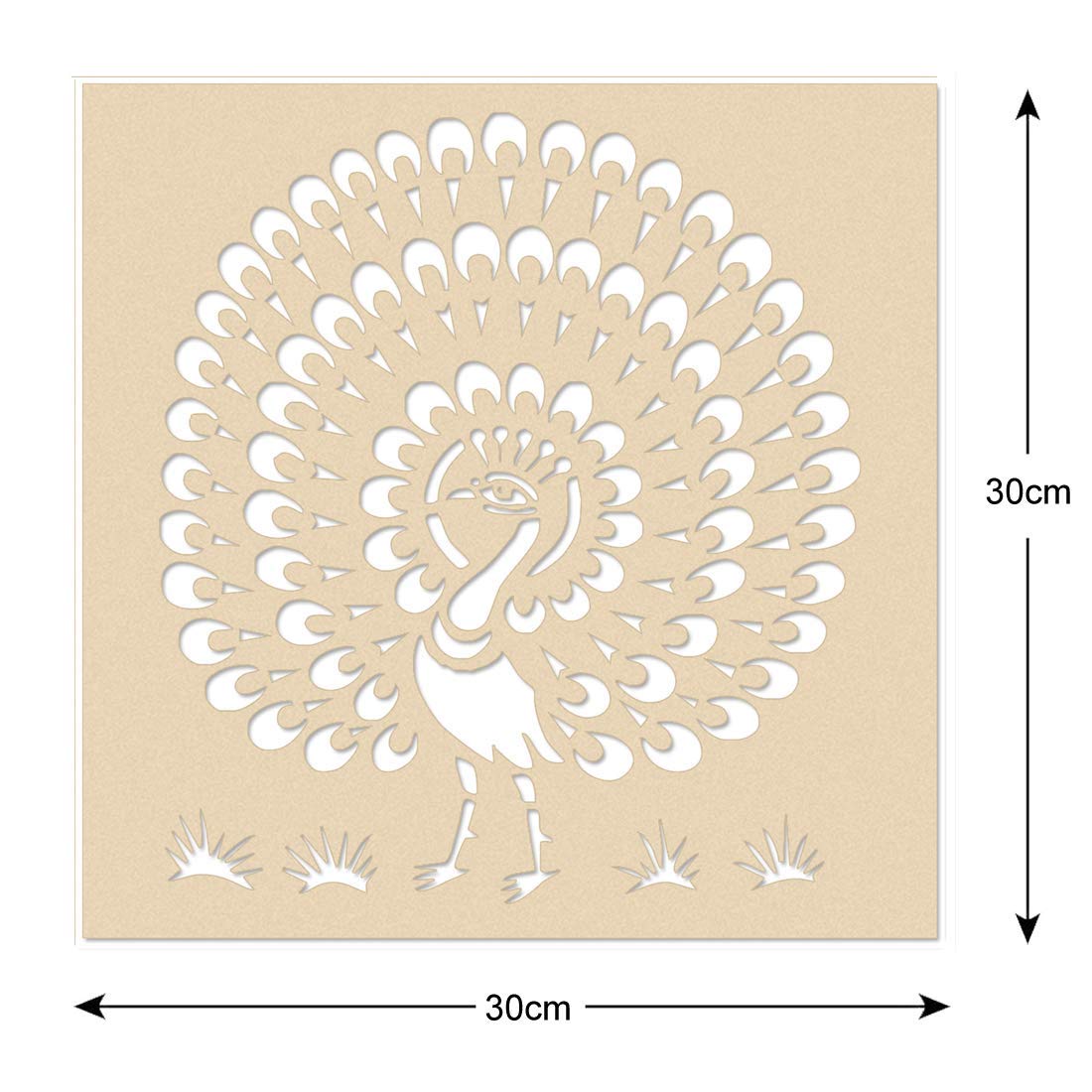 Laser cutout of a peacock design on beige paper with dimensions indicated.