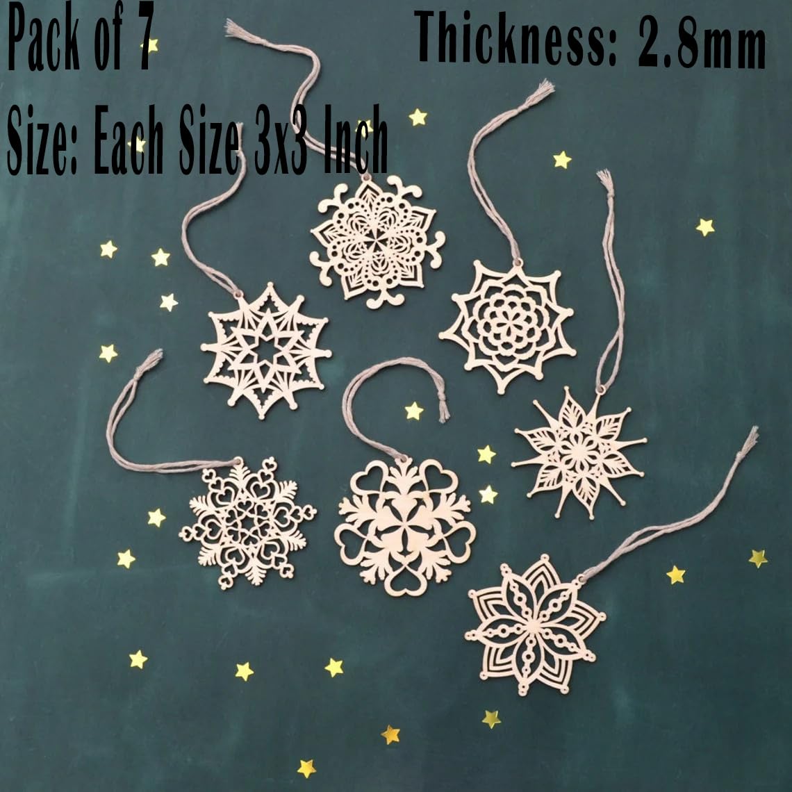 Decorative snowflake-shaped items with strings on a dark background with star patterns.