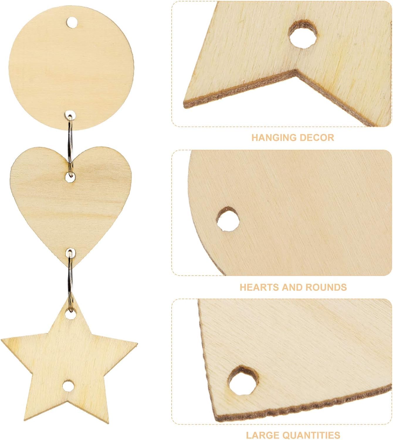 Wooden heart, star, and round shapes with holes for hanging decor.