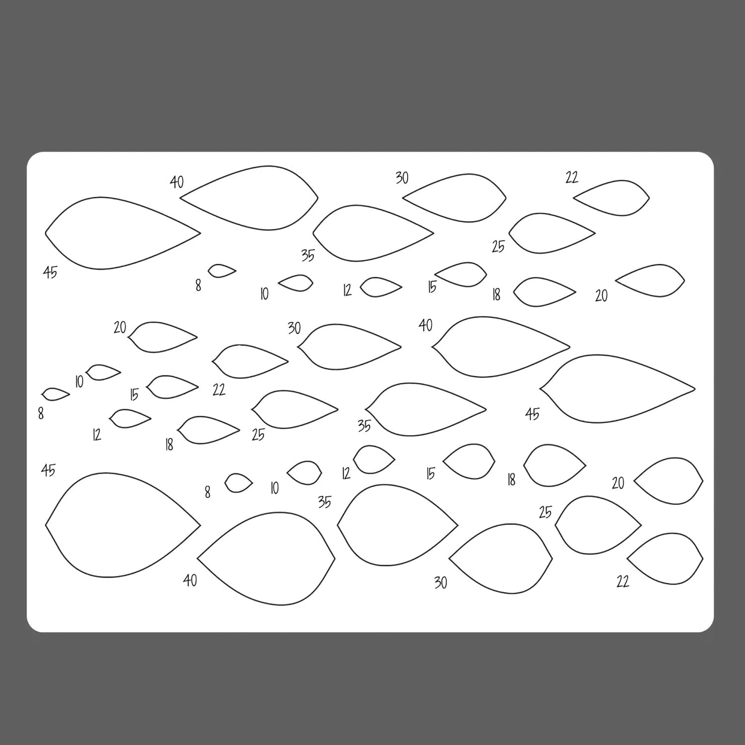 Sheet of templates with leaf shapes and measurements on a white background