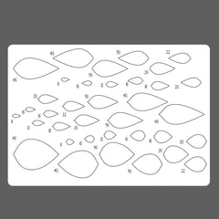 Sheet of templates with leaf shapes and measurements on a white background