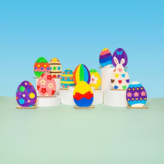Colorful Easter egg decorations on a light blue background