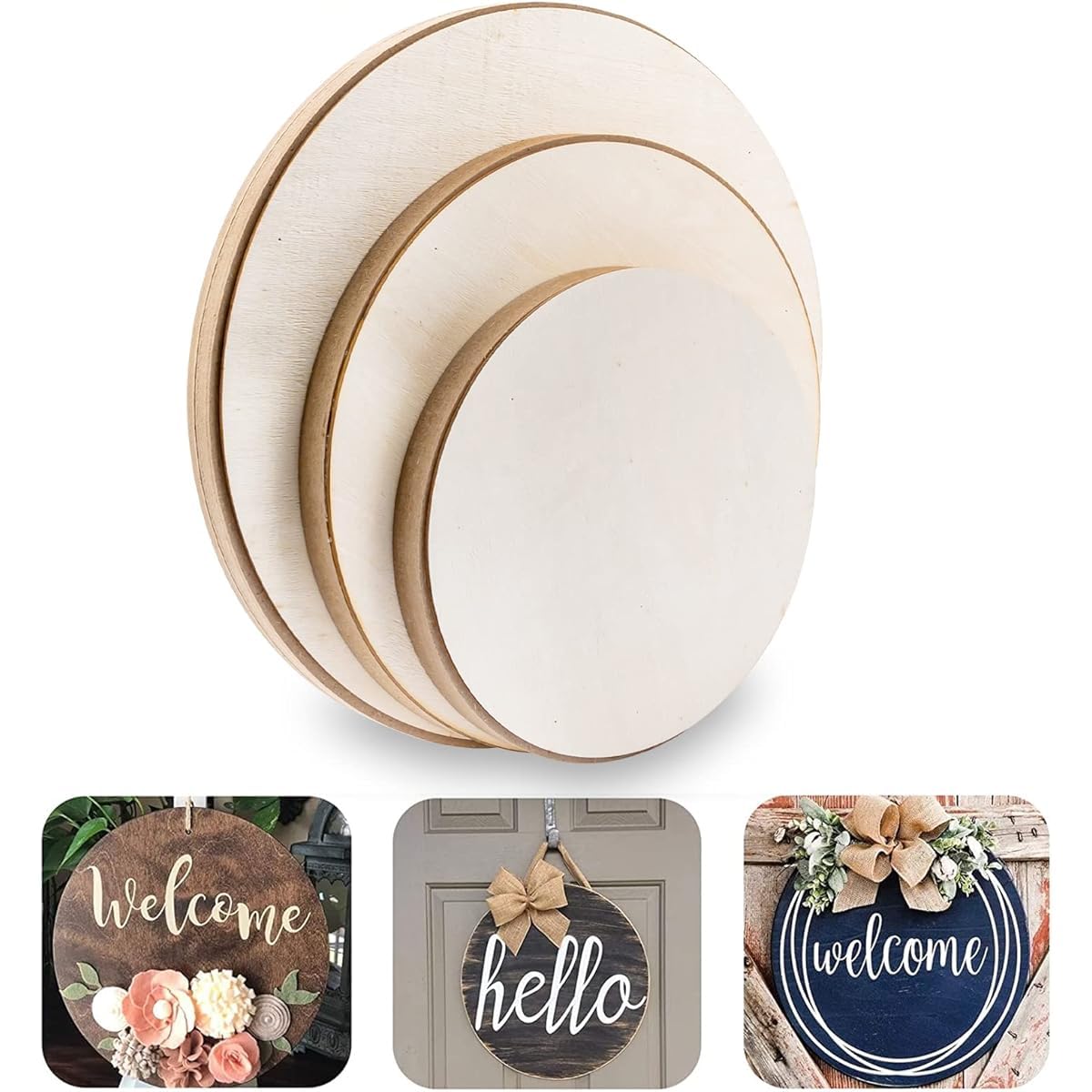 Set of wooden circular signs with decorative elements on a white background